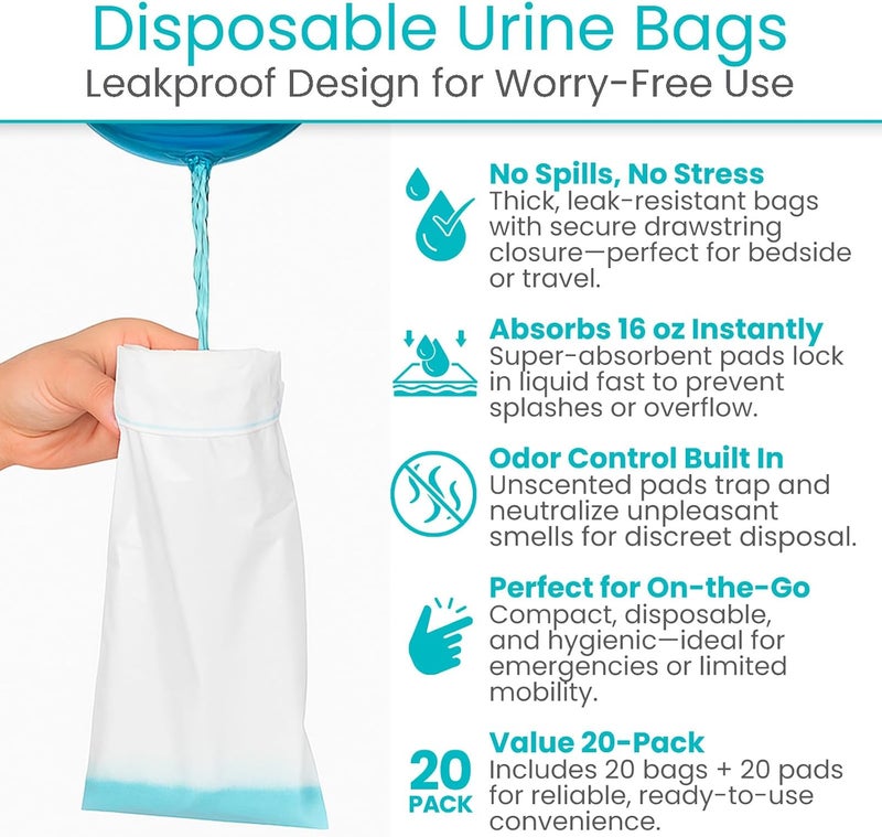 VIVE أكياس بول قابلة للتصرف (20 قطعة) - أكياس بول للطوارئ، التخييم والسفر بالسيارة - وعاء بول للسفر للرجال والنساء - أكياس جمع البول المحمولة - كيس بول مضاد للتسرب - مجموعة كيس بول للطوارئ - Image 2