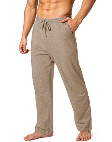 Pudolla Men's Cotton Yoga Sweatpants Athletic Lounge Pants Open Bottom Casual Jersey Pants for Men with Pockets (Khaki Medium) - Image 1