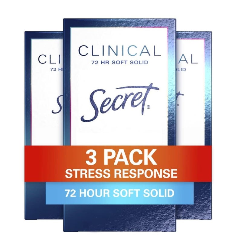 Secret Clinical Strength Antiperspirant Deodorant for Women, Stress Response, 3X Stress Protection, 72hr Sweat & Odor Protection, PH Balancing Minerals, Soft Solid, 1.6 oz (Pack of 3) - Image 1