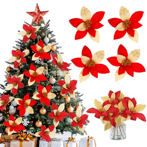 BAOTUJIA 11.81 inch Big Christmas Poinsettias Flowers Decoration Artificial Flowers for Christmas Tree Ornaments, Suitable for Home Xmas Decorations Items Wreath Making Red and Gold - Image 1