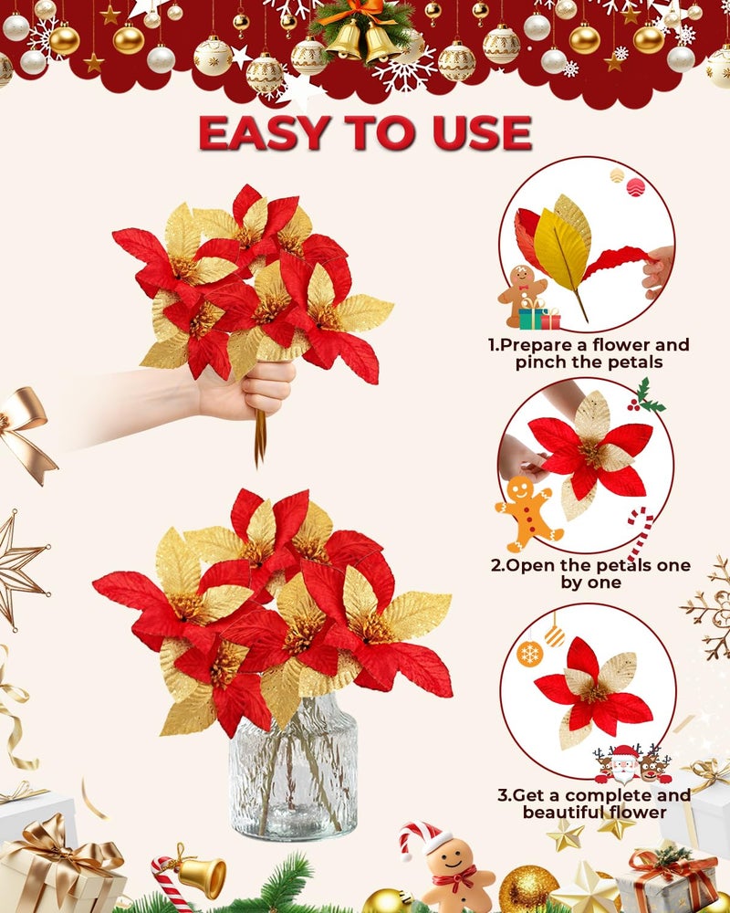 BAOTUJIA 11.81 inch Big Christmas Poinsettias Flowers Decoration Artificial Flowers for Christmas Tree Ornaments, Suitable for Home Xmas Decorations Items Wreath Making Red and Gold - Image 3