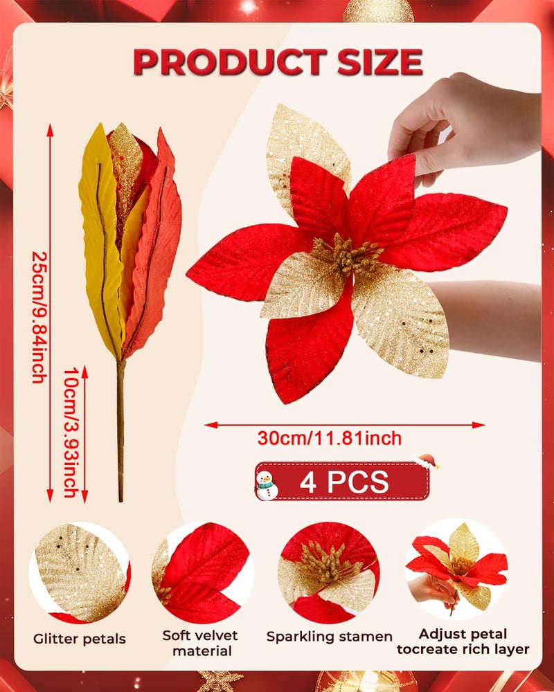 BAOTUJIA 11.81 inch Big Christmas Poinsettias Flowers Decoration Artificial Flowers for Christmas Tree Ornaments, Suitable for Home Xmas Decorations Items Wreath Making Red and Gold - Image 2