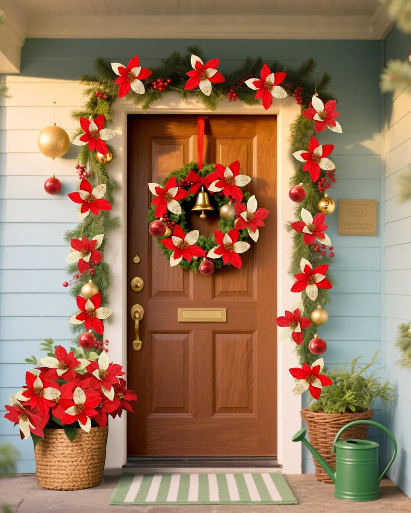 BAOTUJIA 11.81 inch Big Christmas Poinsettias Flowers Decoration Artificial Flowers for Christmas Tree Ornaments, Suitable for Home Xmas Decorations Items Wreath Making Red and Gold - Image 5