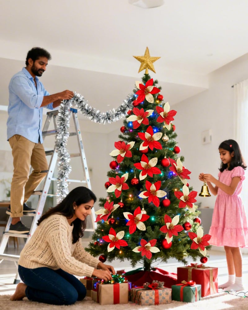 BAOTUJIA 11.81 inch Big Christmas Poinsettias Flowers Decoration Artificial Flowers for Christmas Tree Ornaments, Suitable for Home Xmas Decorations Items Wreath Making Red and Gold - Image 4