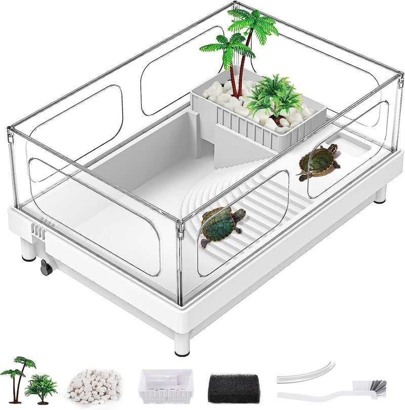 MoonOrange Small Turtle Tank, Acrylic Turtle Terrarium with Basking Platform, Bottom Drainage, Multi-Function Areas for Turtles, Crabs, Crayfish, Small Reptiles (White Tank) - Image 1