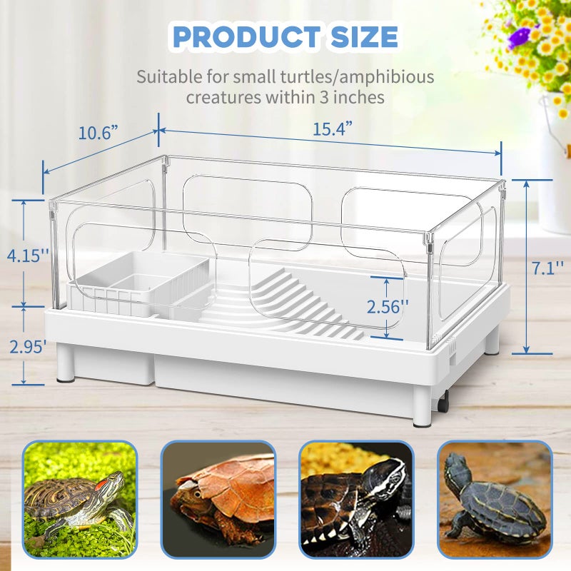 MoonOrange Small Turtle Tank, Acrylic Turtle Terrarium with Basking Platform, Bottom Drainage, Multi-Function Areas for Turtles, Crabs, Crayfish, Small Reptiles (White Tank) - Image 4