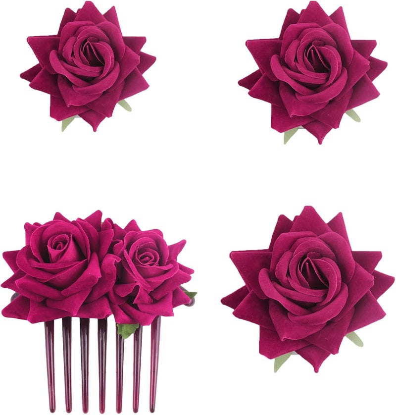 4 Pieces Women Rose Hairpin Bridal Rose Brooch Hair Clip Wedding Floral Clips for Woman Girl Party Wedding RoseRed