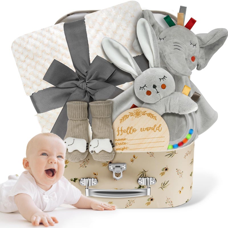 WeCool Baby Boy Gift Basket Set Unique Baby Gift Basket Set New Baby Boy Gift Basket New Baby Gift Basket Set with Baby Blanket Baby Rattle Bunny Keepsake Milestone Elephant Toy Baby Socks
