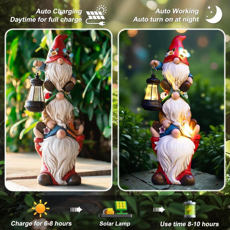 twinbling Garden Gnome Statue with Solar Lights Garden Sculptures Funny Triple Gnome Outdoor Patio Lawn Yard Balcony Home Decor Birthday Gift for Woman Grandma 12 in Spring Gnomes - Image 3
