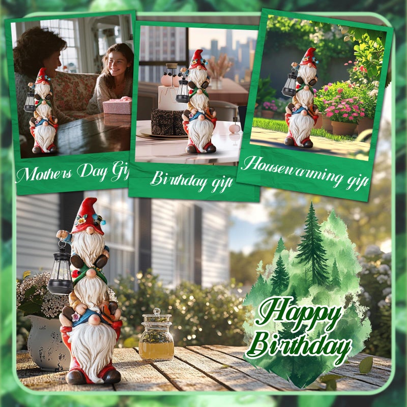twinbling Garden Gnome Statue with Solar Lights Garden Sculptures Funny Triple Gnome Outdoor Patio Lawn Yard Balcony Home Decor Birthday Gift for Woman Grandma 12 in Spring Gnomes - Image 2