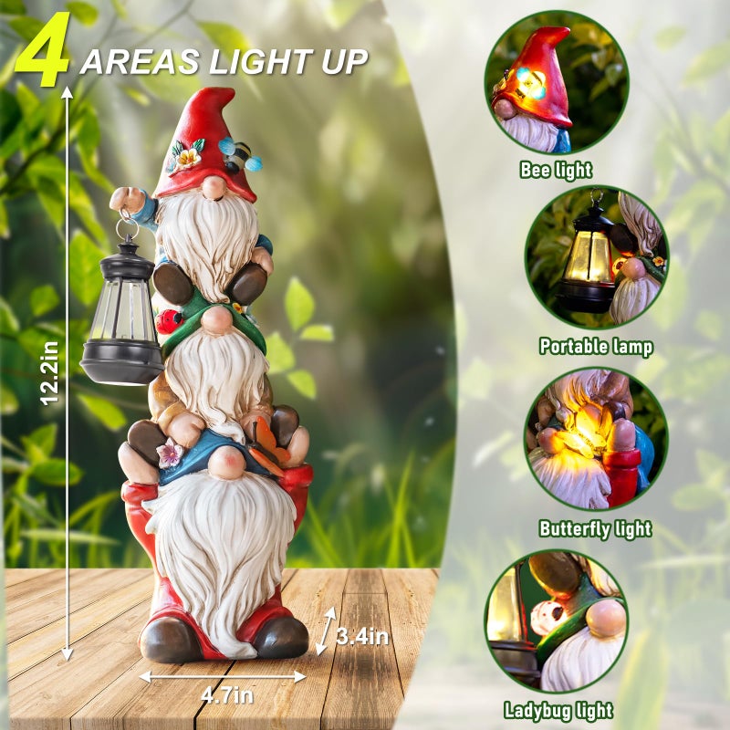 twinbling Garden Gnome Statue with Solar Lights Garden Sculptures Funny Triple Gnome Outdoor Patio Lawn Yard Balcony Home Decor Birthday Gift for Woman Grandma 12 in Spring Gnomes - Image 4