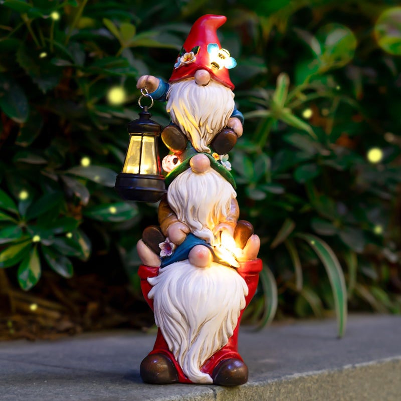 twinbling Garden Gnome Statue with Solar Lights Garden Sculptures Funny Triple Gnome Outdoor Patio Lawn Yard Balcony Home Decor Birthday Gift for Woman Grandma 12 in Spring Gnomes - Image 1