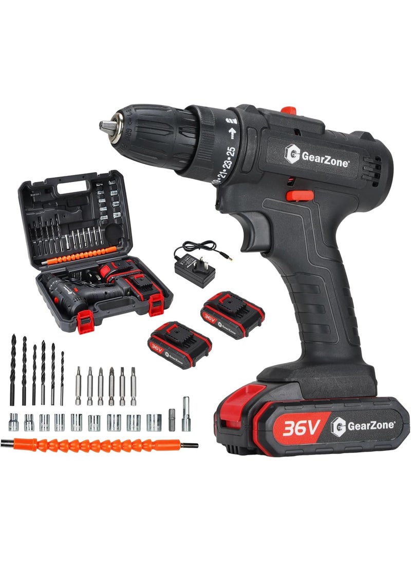 GearZone مثقاب كهربائي 36 فولت، بطاريتان، تحكم في السرعة المتغيرة، مقبض مريح، مثقاب لاسلكي