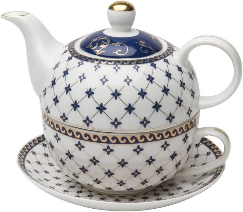 Grace Teaware Porcelain 4-Piece Tea For One (Trellis Blue Gold) - Image 1