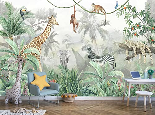 Reyhui Kids Wallpaper Tropical Leves and Safari Animals Wall Mural for Wall Bedroom Living Room TV Background Sofa WallNot Peel and Stick