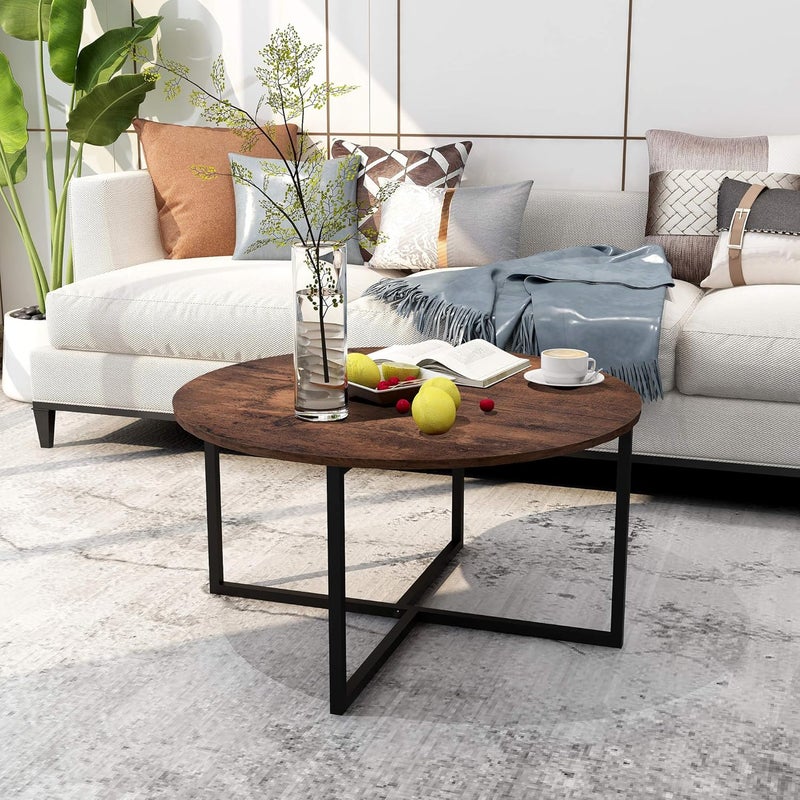 HOMERECOMMEND Small Coffee Tables for Kitchen Dining Room Creative Round Desk with Black Metal Legs Modern Coffee Tables Balcony Tea Table Study Desk Brown - Image 4