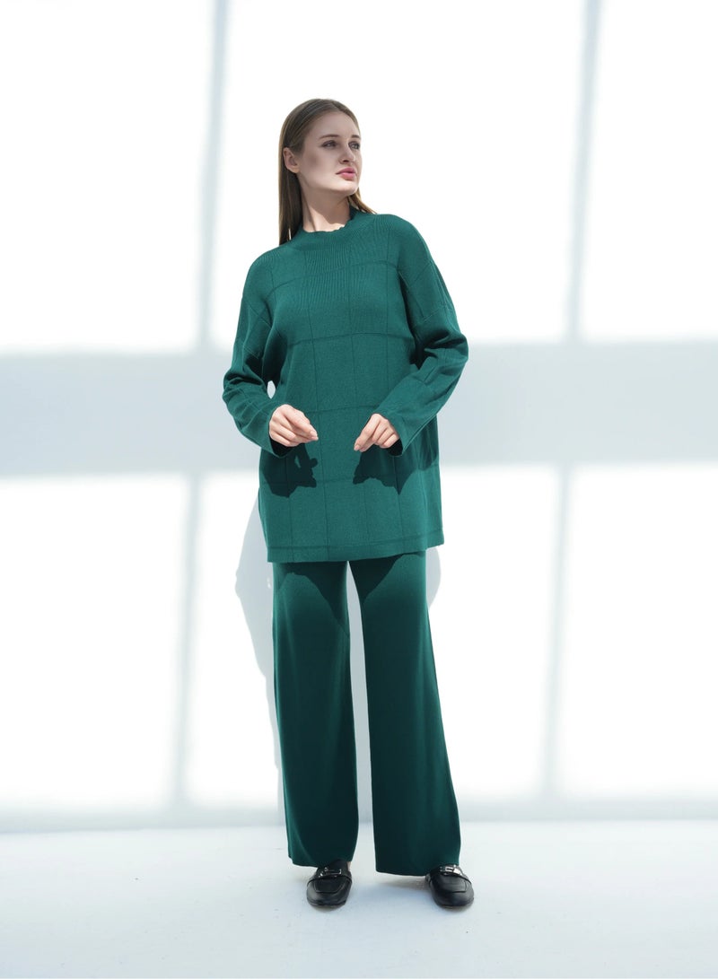 Andy 2316 | Women's Premium Knitwear Two-Piece Set – Long-Sleeve High-Neck Tunic Top with Relaxed Wide-Leg Trousers | Elegant & Versatile Outfit for Everyday Comfort and Style | Green - Image 1