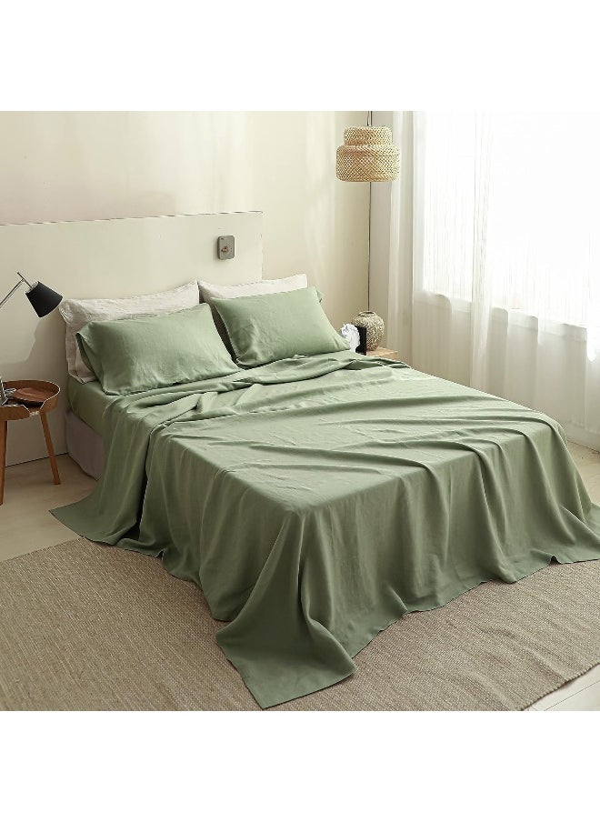 Simple&Opulence Simple&Opulence 100% Stone Washed French Linen Solid Flat/Top Sheet 1 Piece, Cooling, Breathable and Soft (Basic Sage Green, Queen)  - Image 1
