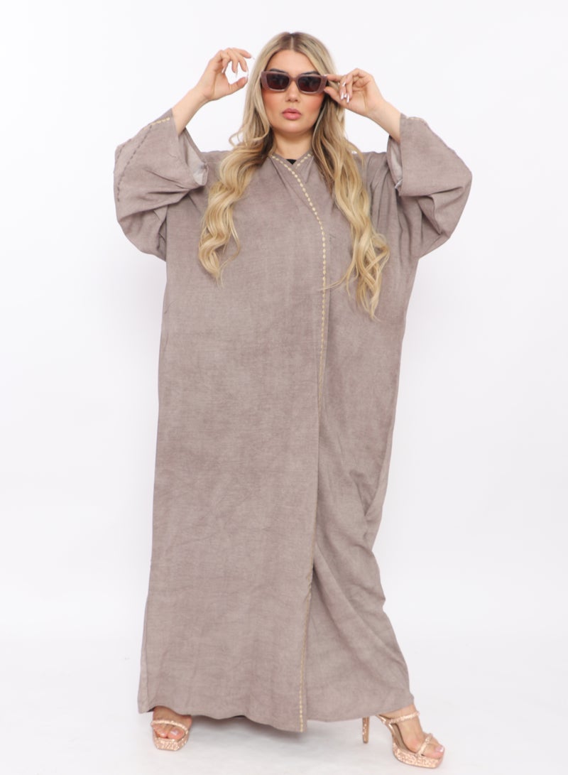 MyesuQ Beige abaya with light embroidery on the front and sleeves - Image 3