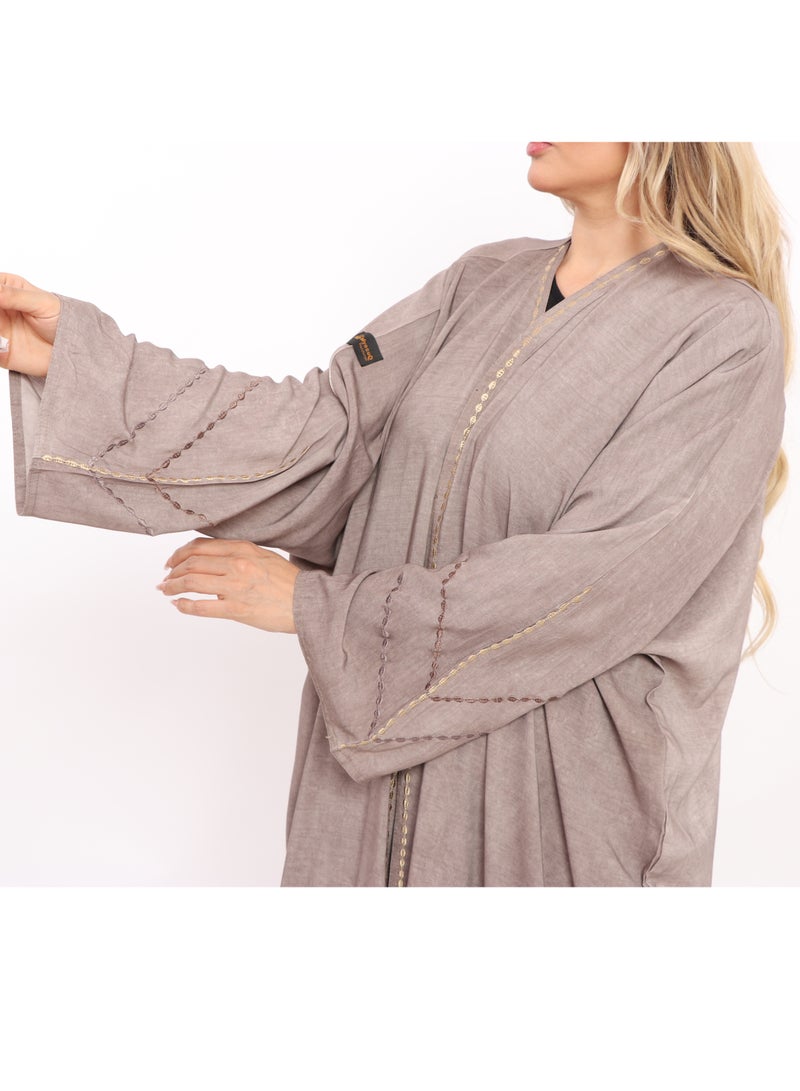 MyesuQ Beige abaya with light embroidery on the front and sleeves - Image 4
