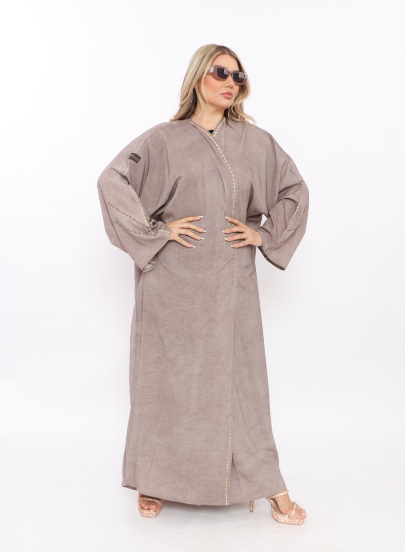 MyesuQ Beige abaya with light embroidery on the front and sleeves - Image 1