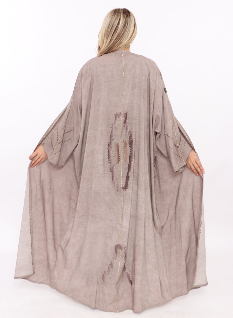 MyesuQ Beige abaya with light embroidery on the front and sleeves - Image 2