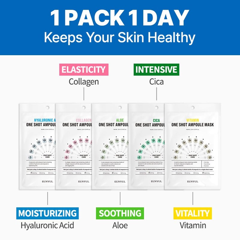 EUNYUL [PACK OF 10] One Shot Ampoule Sheet Mask Pack [5types x 2pcs] Vitamin, Collagen, Cica, Aloe, Hyaluronic Acid face mask beauty - Image 4