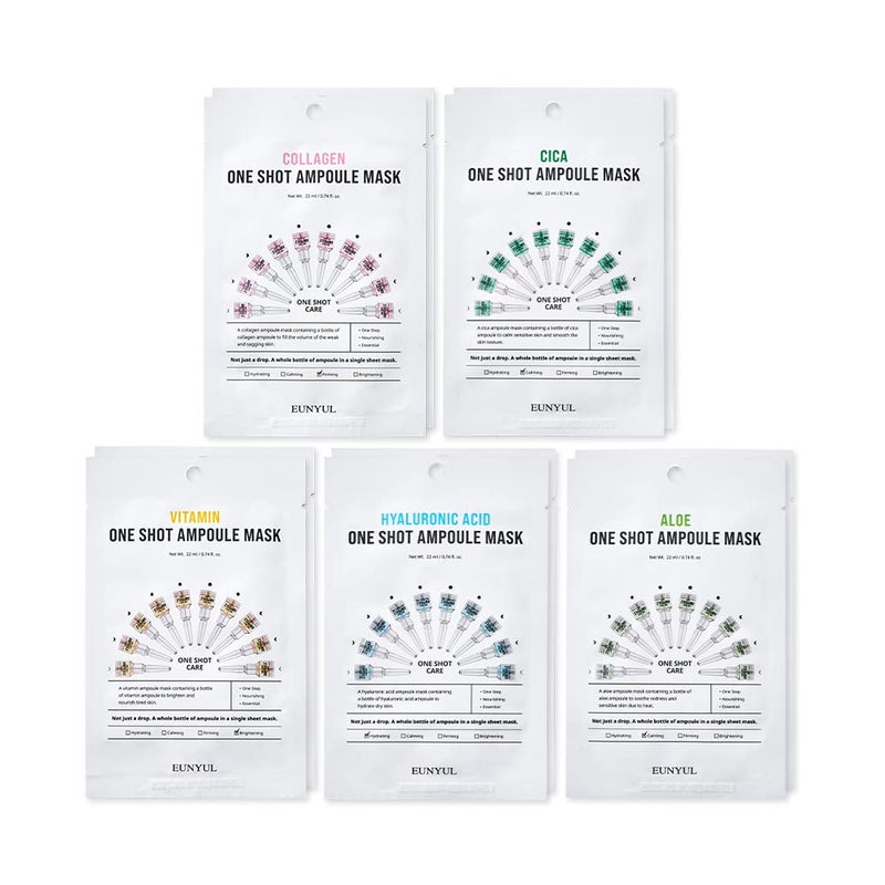 EUNYUL [PACK OF 10] One Shot Ampoule Sheet Mask Pack [5types x 2pcs] Vitamin, Collagen, Cica, Aloe, Hyaluronic Acid face mask beauty - Image 1