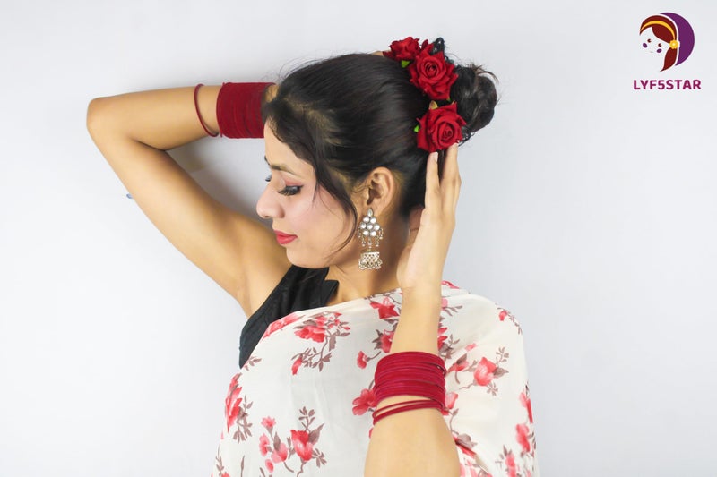 LYF5STAR Handmade PACK OF 4 Red Rose Floral Juda Pin For Women| Elegant Rose Wedding Hair Accessories |Traditional Indian Hair Accessories for Women & Girls |Pack Of 4 - Image 3
