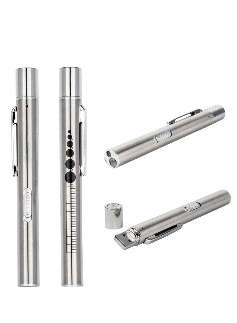 Pen Light, A Reusable LED Pen Light Designed for Students, Doctors, And Nurses, Equipped with Two LED Light Sources, USB Charging, Ultra Warm Light Bulbs, Pocket Clip (Silver, 1 Piece) - Image 1