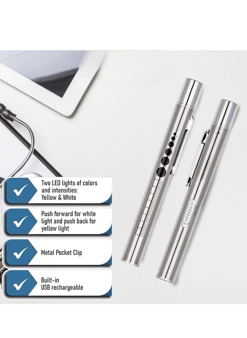 Pen Light, A Reusable LED Pen Light Designed for Students, Doctors, And Nurses, Equipped with Two LED Light Sources, USB Charging, Ultra Warm Light Bulbs, Pocket Clip (Silver, 1 Piece) - Image 3