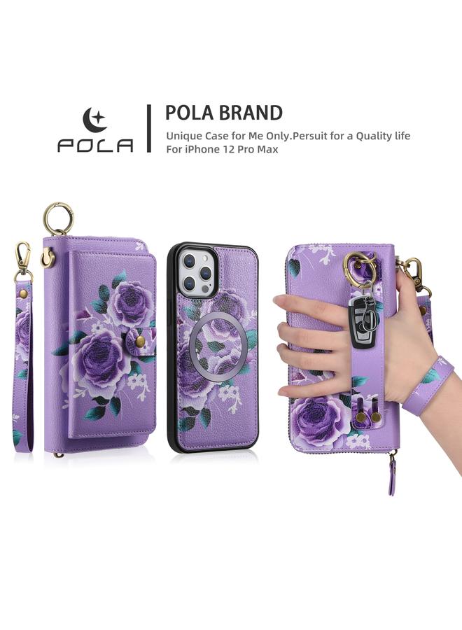Zaboon Case For iPhone 12 Pro Max POLA MagSafe Flower Multi-functional Zipper Wallet Leather Phone Case - Image 3