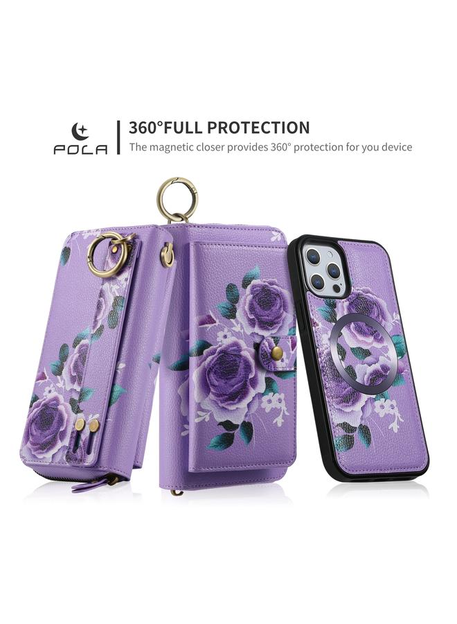 Zaboon Case For iPhone 12 Pro Max POLA MagSafe Flower Multi-functional Zipper Wallet Leather Phone Case - Image 4