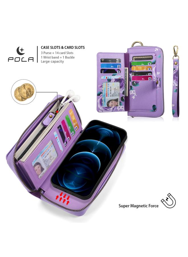 Zaboon Case For iPhone 12 Pro Max POLA MagSafe Flower Multi-functional Zipper Wallet Leather Phone Case - Image 5