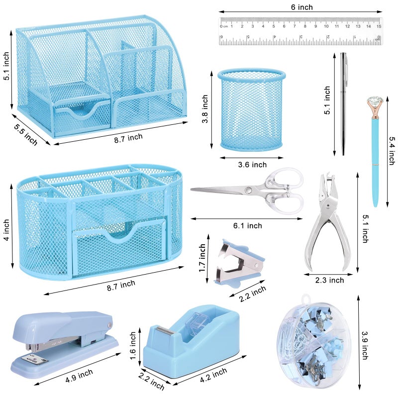 Froidesente 17 in 1 Blue Desk Organizers and Accessories Set, 3 Office Desk Supplies Storage Organization, 4 Pens, Stapler, Staples & Remover, Tape & Dispenser, Scissors, Ruler, Clips, Hole Punch, Back to School - Image 2