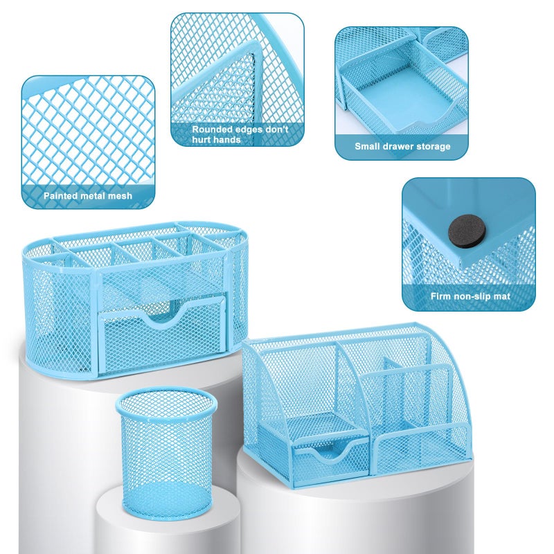 Froidesente 17 in 1 Blue Desk Organizers and Accessories Set, 3 Office Desk Supplies Storage Organization, 4 Pens, Stapler, Staples & Remover, Tape & Dispenser, Scissors, Ruler, Clips, Hole Punch, Back to School - Image 3