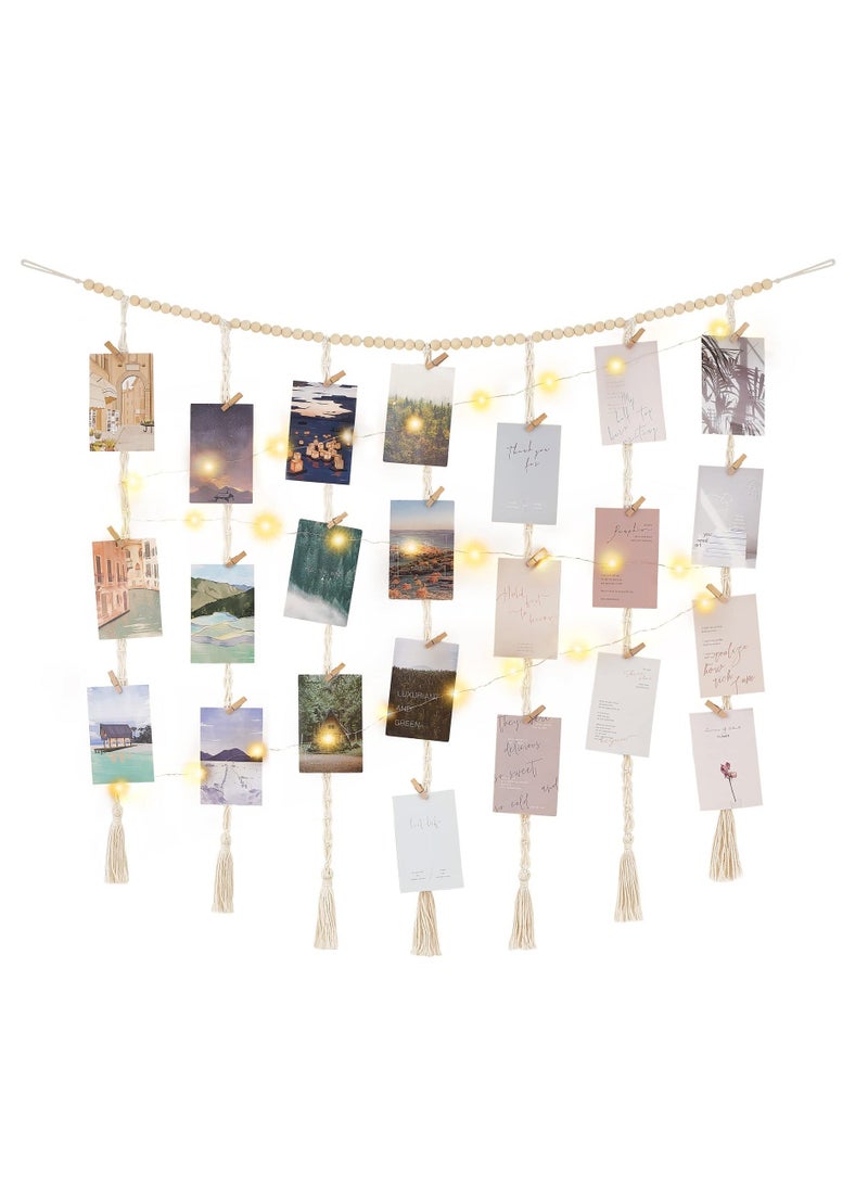 Macrame Hanging Photo Display Wall Decor, with String Lights Boho Wooden Beads Garland Collage Picture Frame Holder, with 45 Clips for Bedroom Living Room Nursery Dorm, Teen Girl Christmas Gifts - Image 1