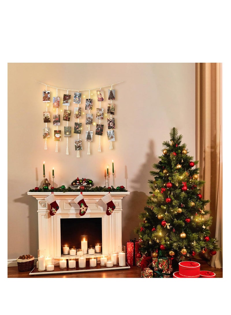 Macrame Hanging Photo Display Wall Decor, with String Lights Boho Wooden Beads Garland Collage Picture Frame Holder, with 45 Clips for Bedroom Living Room Nursery Dorm, Teen Girl Christmas Gifts - Image 4