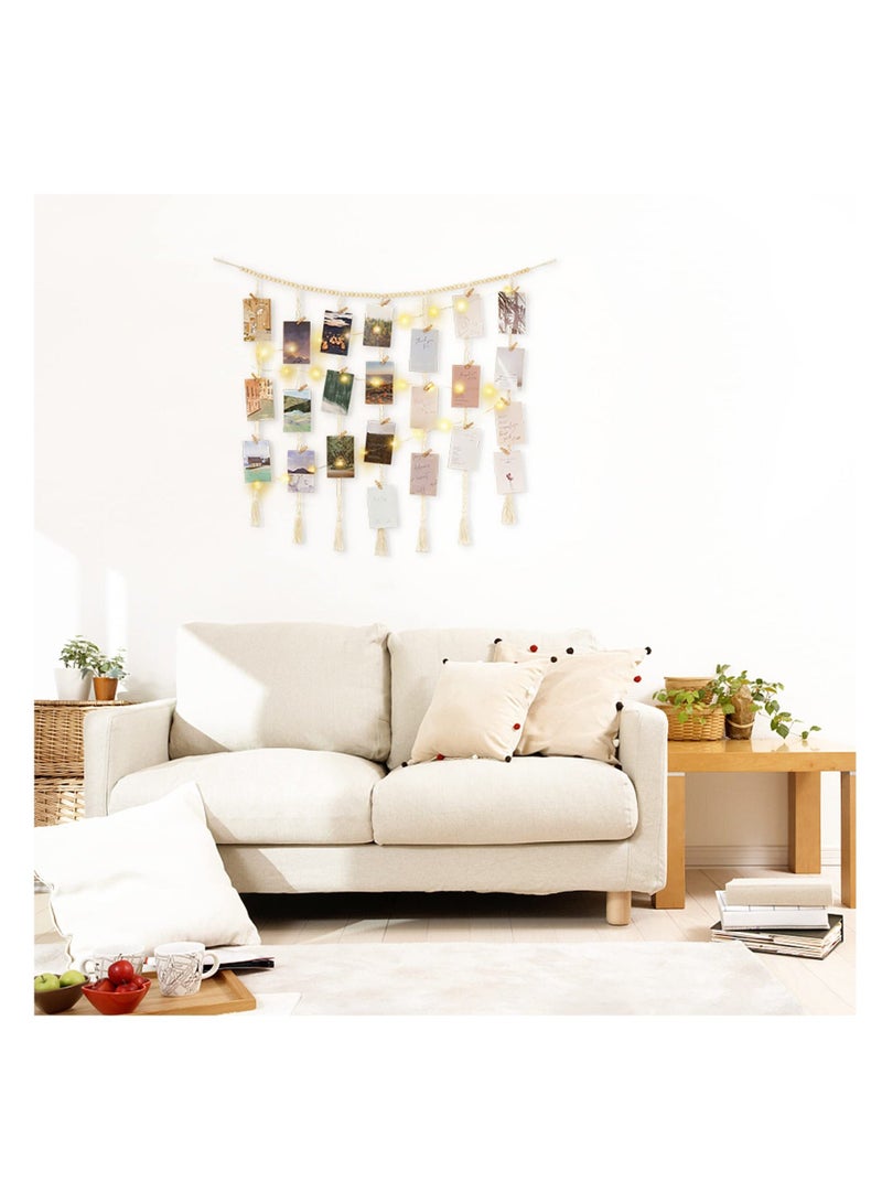 Macrame Hanging Photo Display Wall Decor, with String Lights Boho Wooden Beads Garland Collage Picture Frame Holder, with 45 Clips for Bedroom Living Room Nursery Dorm, Teen Girl Christmas Gifts - Image 3