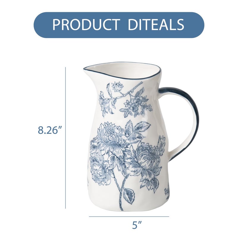 Magclay Ceramic Pitcher Vase, Blue and White Jug for Home Decor, Chinoiserie Vase Decor, Decorative Pitcher with Handle - Image 4