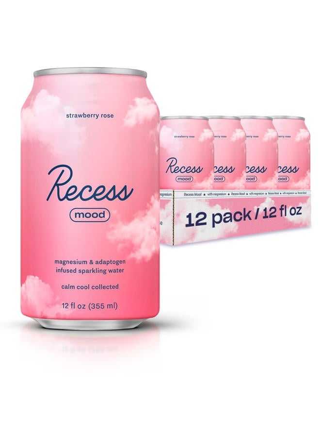 RECESS Mood Magnesium & Adaptogen Drink, Relaxation Beverage, 12 Ounce (Strawberry Rose, 12 Pack) - Image 1