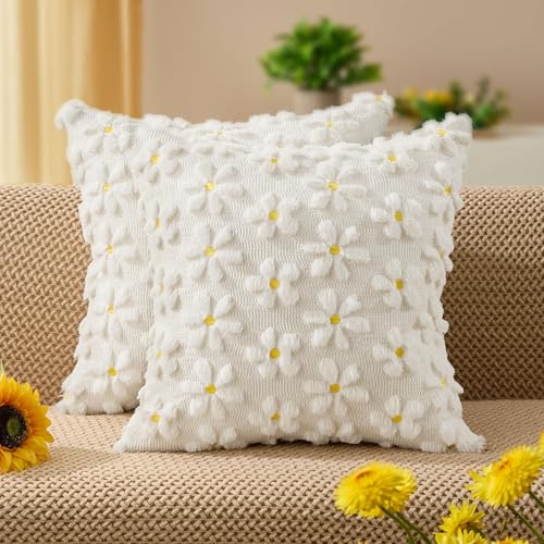 DFXSZ Spring Summer Pillow Covers 18x18 inch Set of 2 Farmhouse Decor Yellow Flower Heart Daisy Soft Plush Faux Fur Jacquard Throw Pillows for Bedroom Sofa Holiday Spring Summer Home Decor PTK024A18 - Image 1
