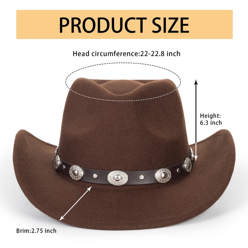 Eohak Womens Western Cowboy Hats Studded Pinched Western Cowgirl Hats Wide Brim Fedoras Hat with Belt Buckle (Size:Medium) (US, Alpha, Medium, Coffee - Round Rivets) - Image 2