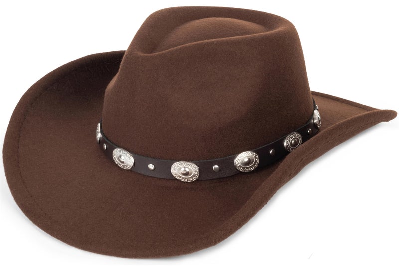 Eohak Womens Western Cowboy Hats Studded Pinched Western Cowgirl Hats Wide Brim Fedoras Hat with Belt Buckle (Size:Medium) (US, Alpha, Medium, Coffee - Round Rivets) - Image 1