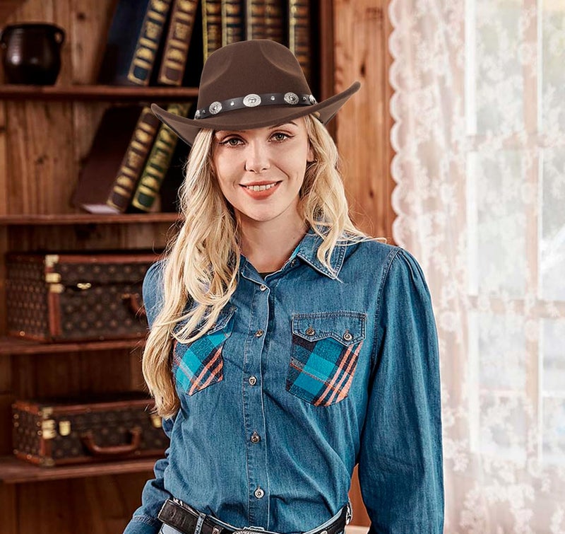 Eohak Womens Western Cowboy Hats Studded Pinched Western Cowgirl Hats Wide Brim Fedoras Hat with Belt Buckle (Size:Medium) (US, Alpha, Medium, Coffee - Round Rivets) - Image 3