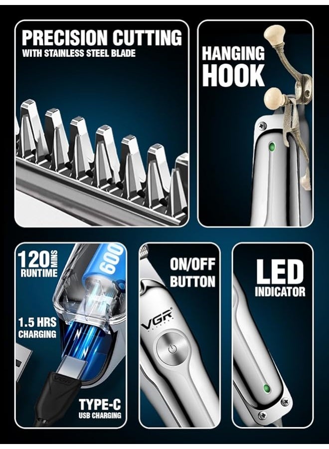 VGR V-071 Cordless Professional Hair Trimmer for Men & Salon | 120 Minutes Runtime with Turbo Mode, Type-C USB Support, 1 Year Brand Warranty Silver - Image 5