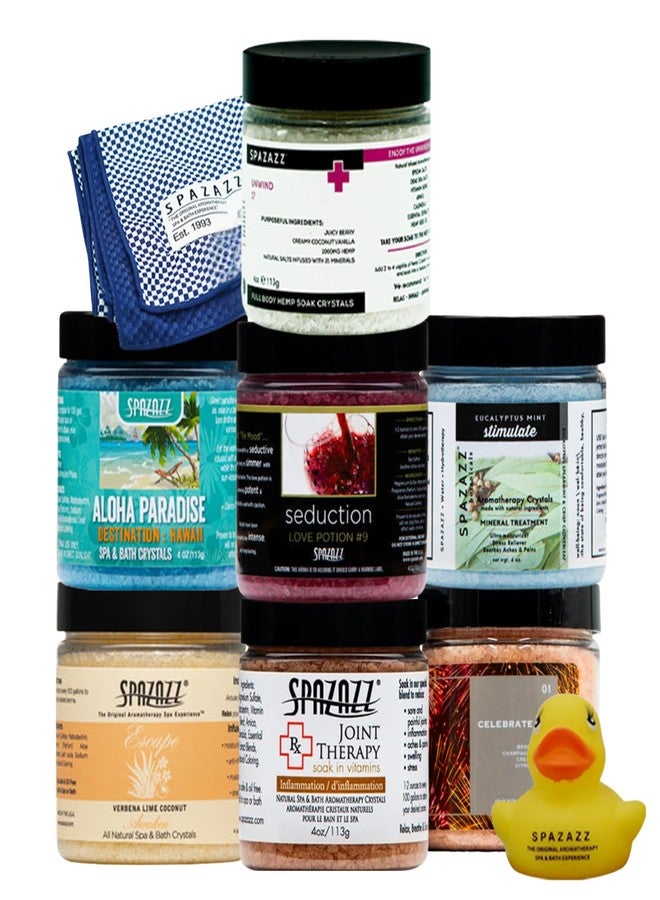 Spazazz Hot Tub Aromatherapy Gift Bundle- Seven- 4 Oz Spazazz Hot Tub Aromatherapy Bath Salt Crystals Sampler Jars Plus Hot/Cold Towel and Rubber Duck - Seven Distinct Scents of Bath and Spa Salts - Image 1