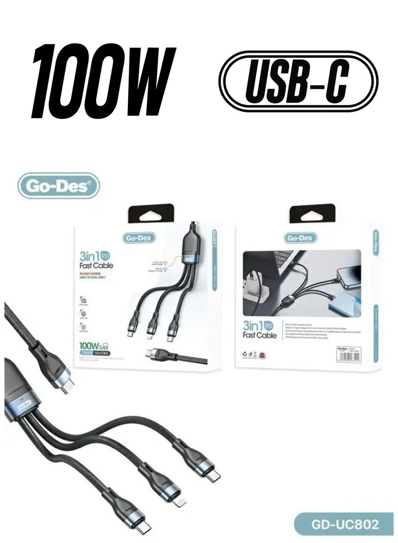 ELTRAZONE GD-UC802 3-in-1 PD Multiport Cable – Type-C to 2 Type-C and 1 Lightning Connector - Image 1