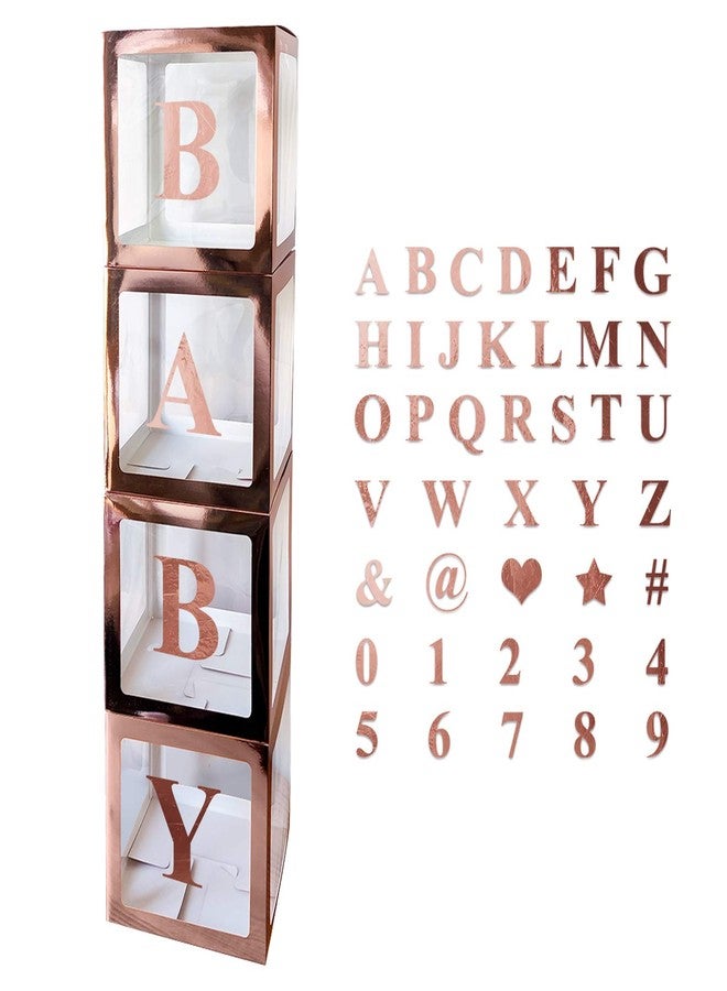 UNIIDECO Baby Shower Decoration Boxes Kit, 4 pcs Rose Gold Transparent Balloon Boxes with 30 Letters 10 Numbers 5 Symbols, Baby Blocks for Baby Shower Gender Reveal Backdrop Birthday Party Decor - Image 2