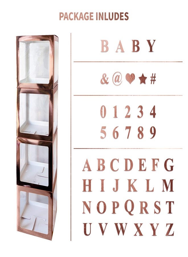 UNIIDECO Baby Shower Decoration Boxes Kit, 4 pcs Rose Gold Transparent Balloon Boxes with 30 Letters 10 Numbers 5 Symbols, Baby Blocks for Baby Shower Gender Reveal Backdrop Birthday Party Decor - Image 3
